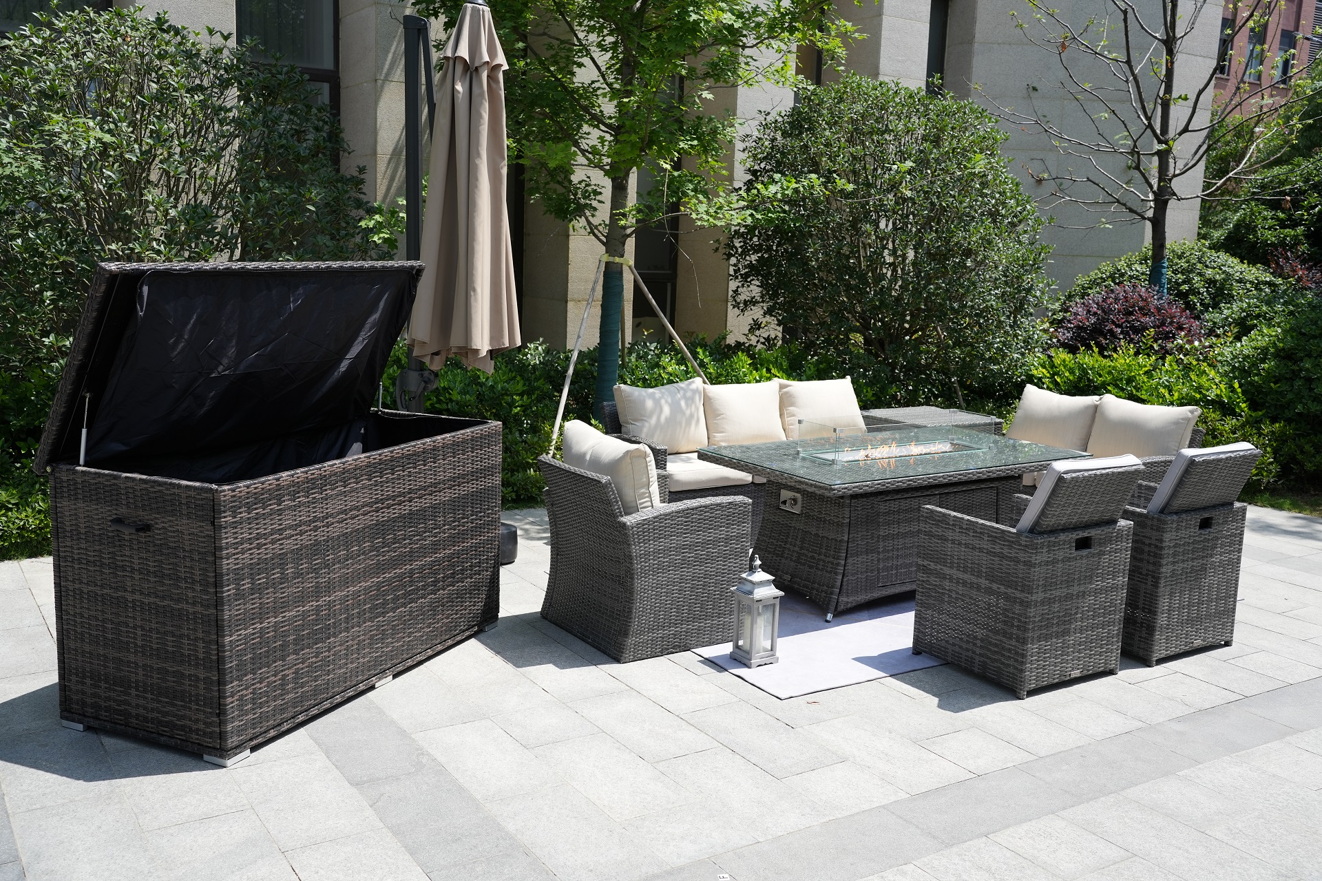 Wicker Patio Gray Wicker Conversational Seating Set with Rectangular Glass Fire Pit Table and Back Chair (Patio Set Option)