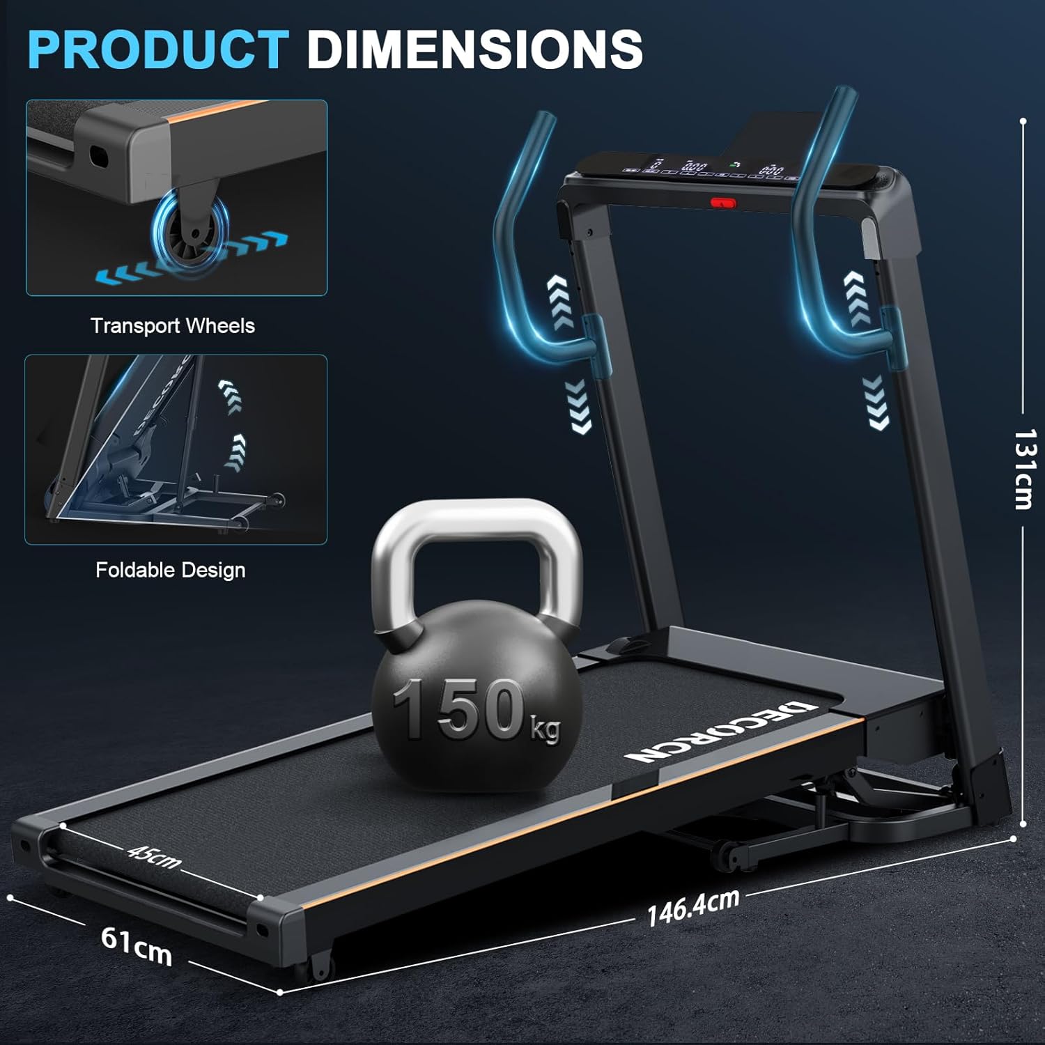Decorcn Folding Treadmill for Home, 4.5HP, 20 Incline Levels, 1km/h-16km/h, 150KG limited, Runnig Machine for Heavy People with LED, Bluetooth Speakers, Silent Walking Pad for Home Office Gym