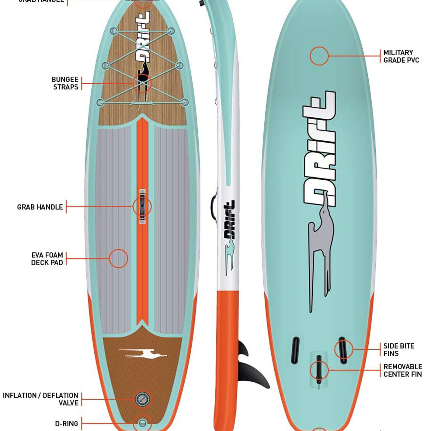 DRIFT Inflatable Stand Up Paddle Board, SUP with Paddle, Backpack Travel Bag, Pump, Fin, & Coiled Leash