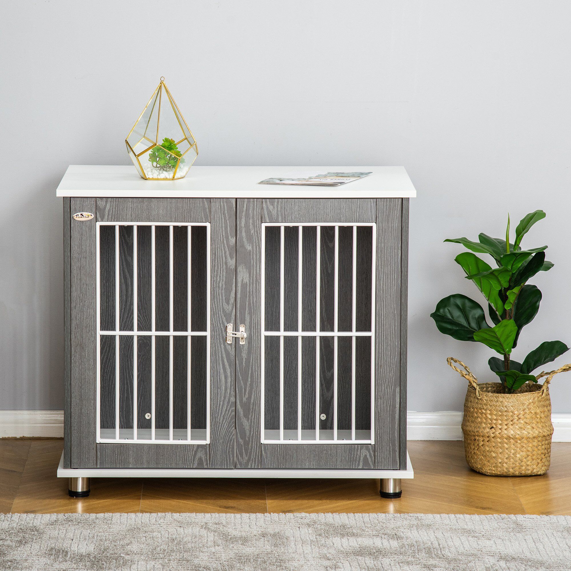 Pawhut Dog Crate, Wooden Pet Kennel Cage With Lockable Door And Adjustable Foot Pads, Modern Design, Grey And White