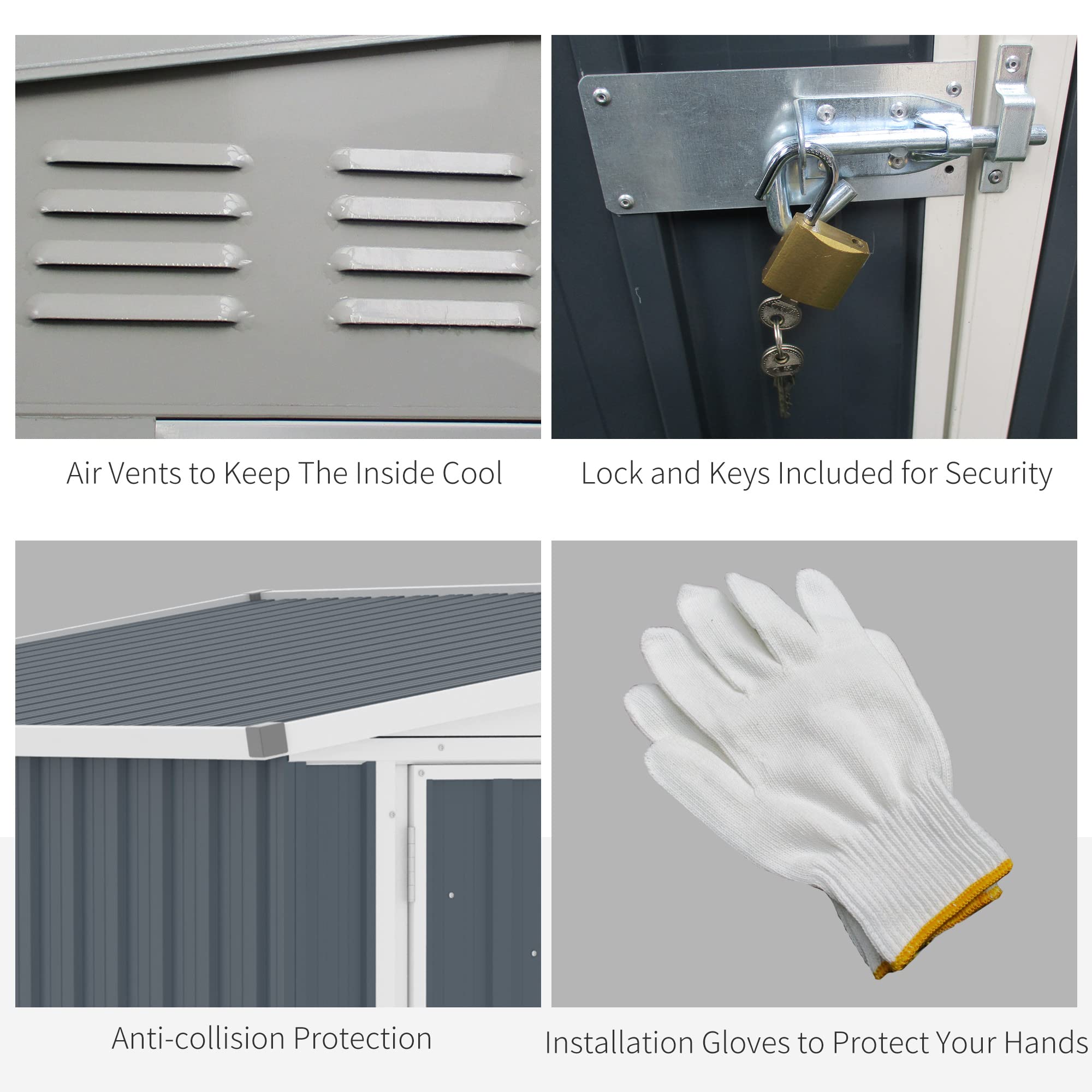 【Storage Shed】4' x 8' Steel Outdoor Sloping Metal Tool House with Lockable Doors & 2 Air Vents