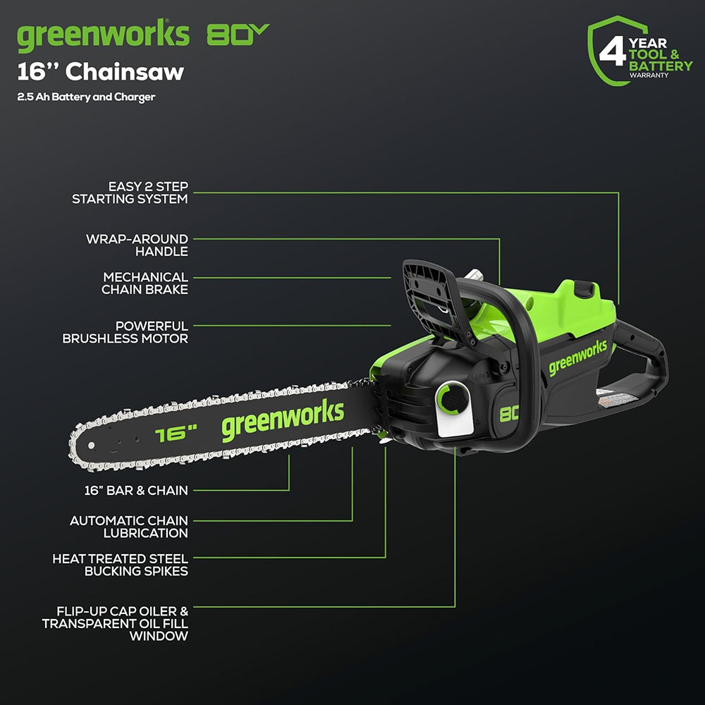 Greenworks 80V Brushless Cordless Electric Chainsaw (Great for Tree Cutting, Pruning, Trimming and Splitting Firewood)