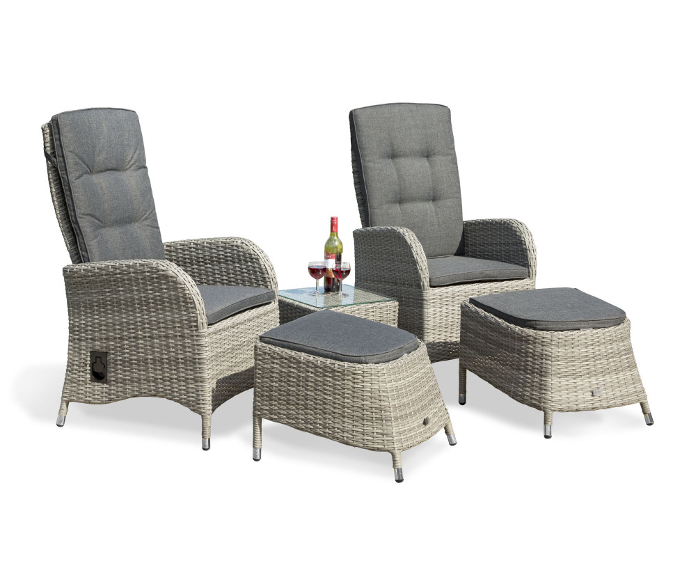 Albury Rattan Reclining Chairs Armchair Set with Side Table & Foot Stools