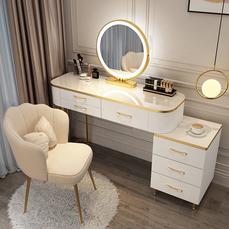 【Furniture】【BS】Nordic Dressing Table with Mirror, Stool & 3 Light Effect LED Mirrors, Golden Iron Dresser