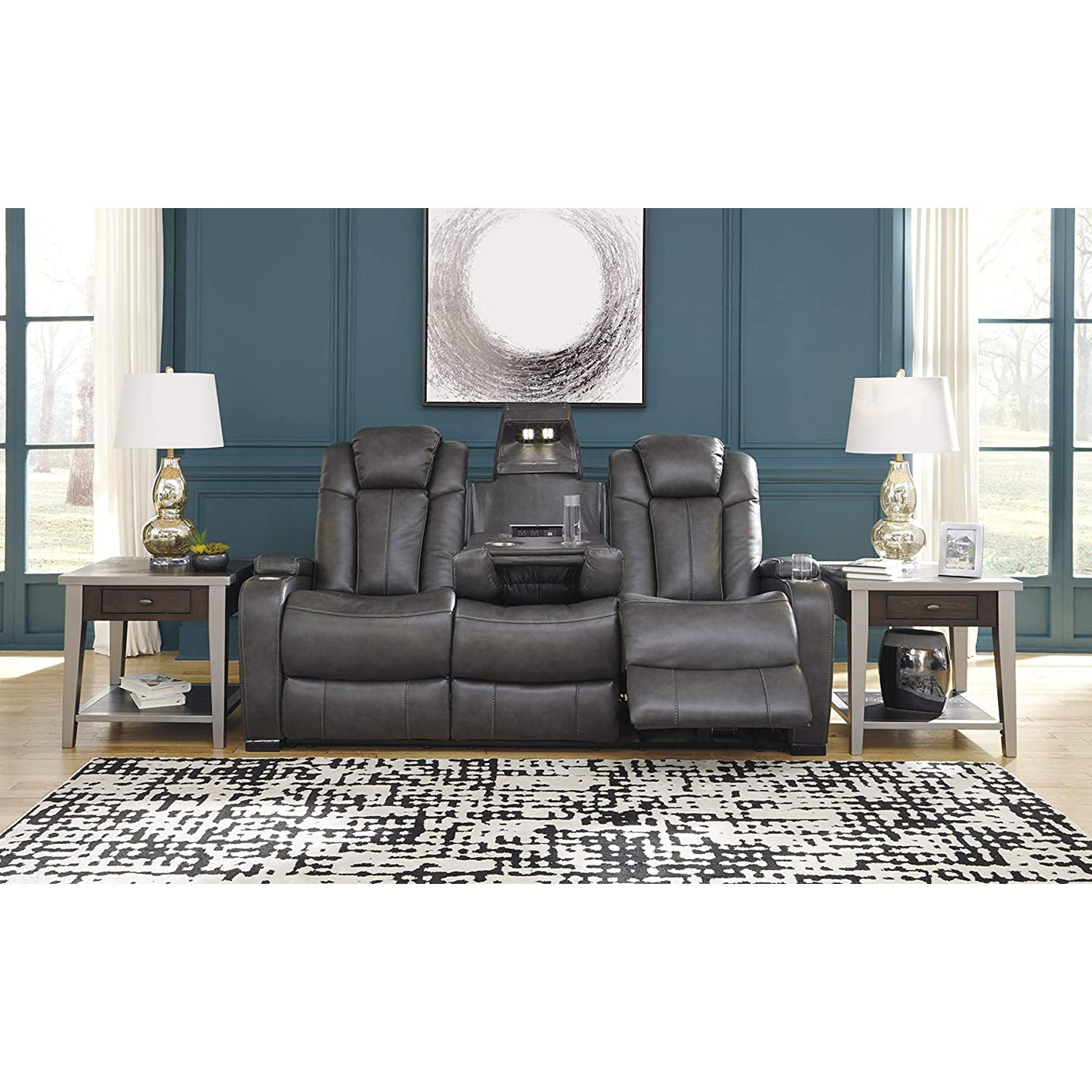 Signature Design by Ashley Game Zone Faux Leather Adjustable Power Reclining Sofa with Cup Holders and Storage