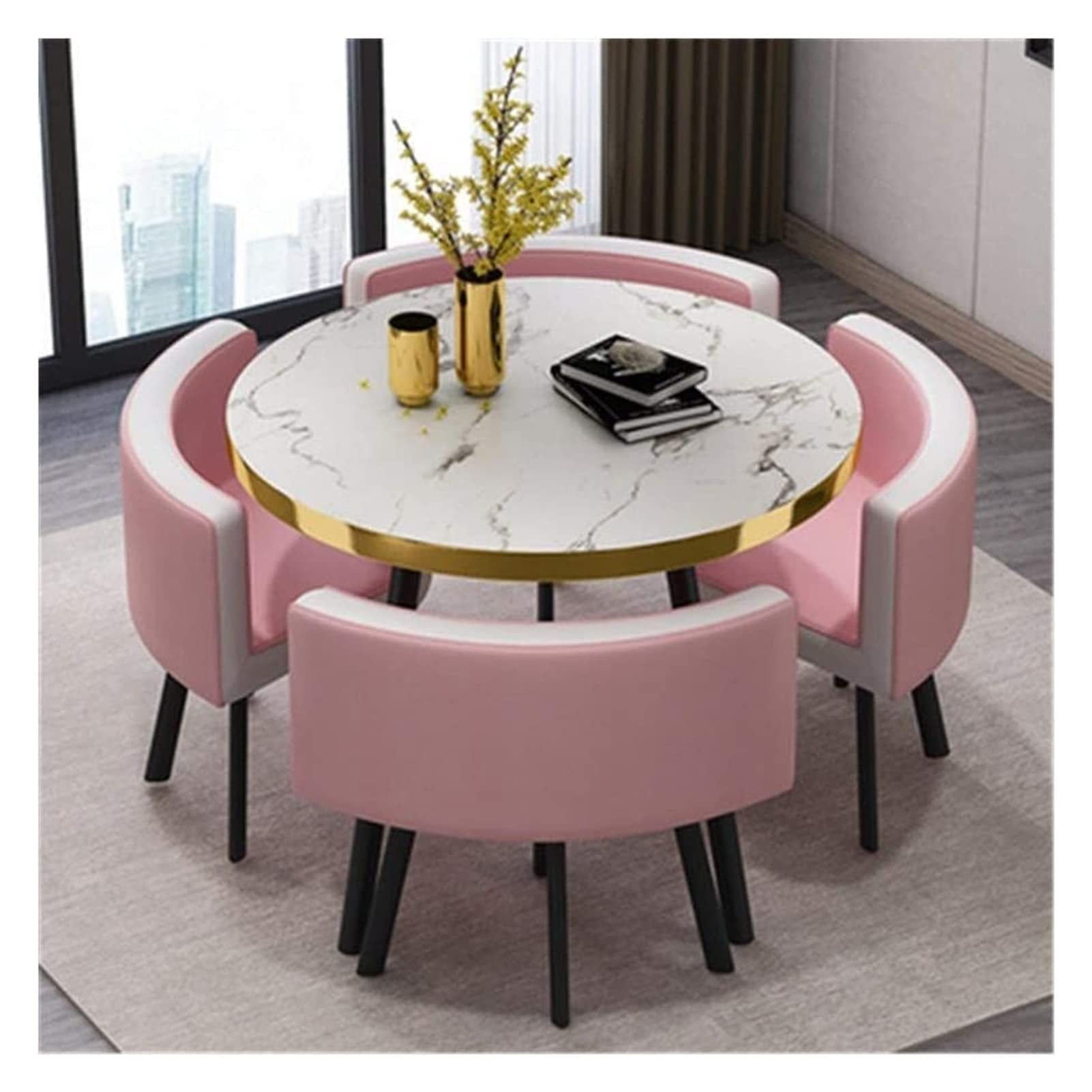 【Furniture】【BS】Small Round Wooden Dining Table Set with 4 Upholstered Chairs for Corner Balcony