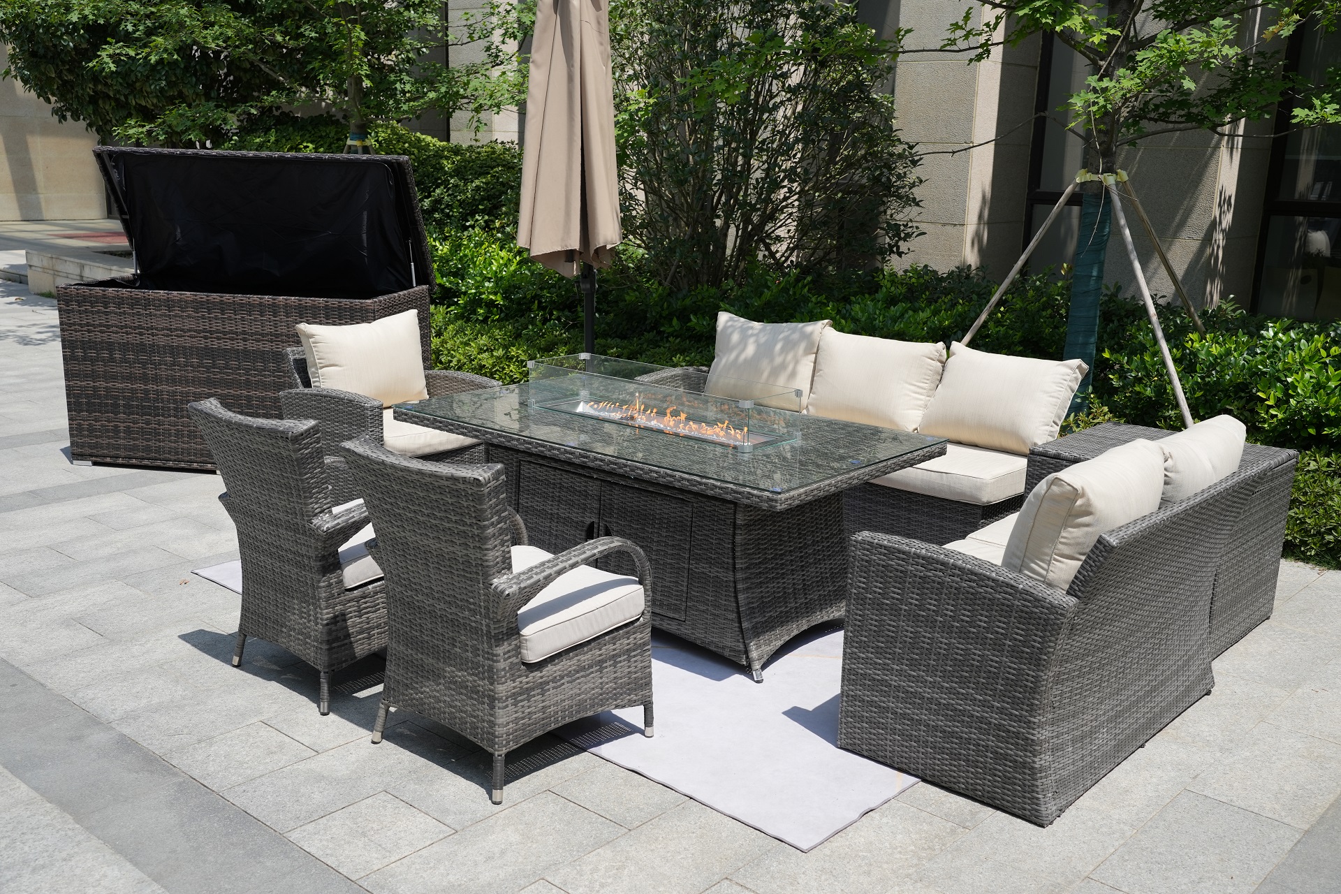 Wicker Patio Gray Wicker Conversational Seating Set with Rectangular Glass Fire Pit Table and Back Chair (Patio Set Option)