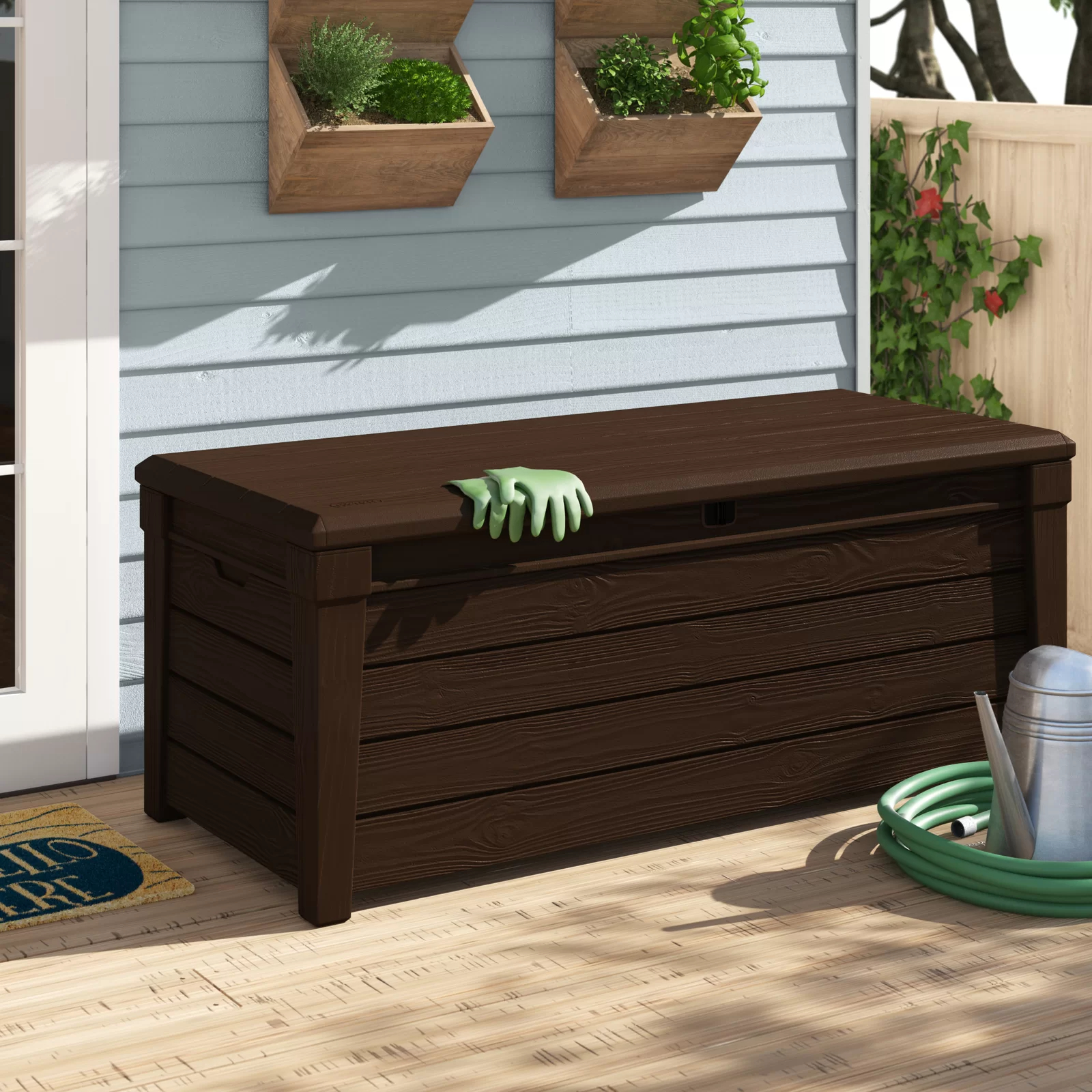 【Storage Shed】Keter Brightwood 120 Gallon Large Elegant Resin Water Resistant Lockable Deck Box