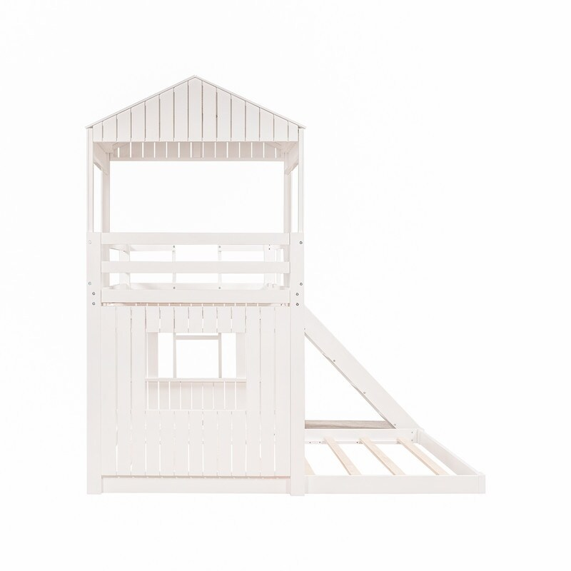AOOLIVE Wooden Twin Over Full Bunk Bed with Playhouse,White