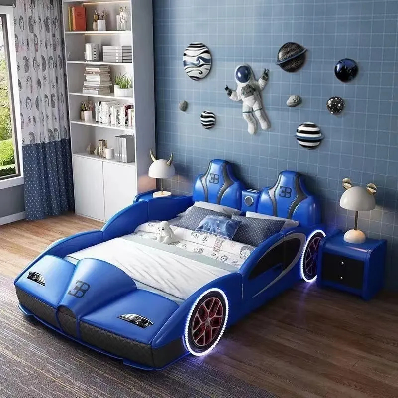 Creative Simple Car Children's Bed Little Boy Creative Solid Wood Frame High-Quality Leather Bed