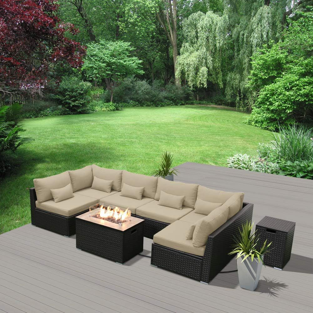 Dineli Sectional Sofa with Gas/Propane Fire Pit Table Outdoor Patio Furniture Sets