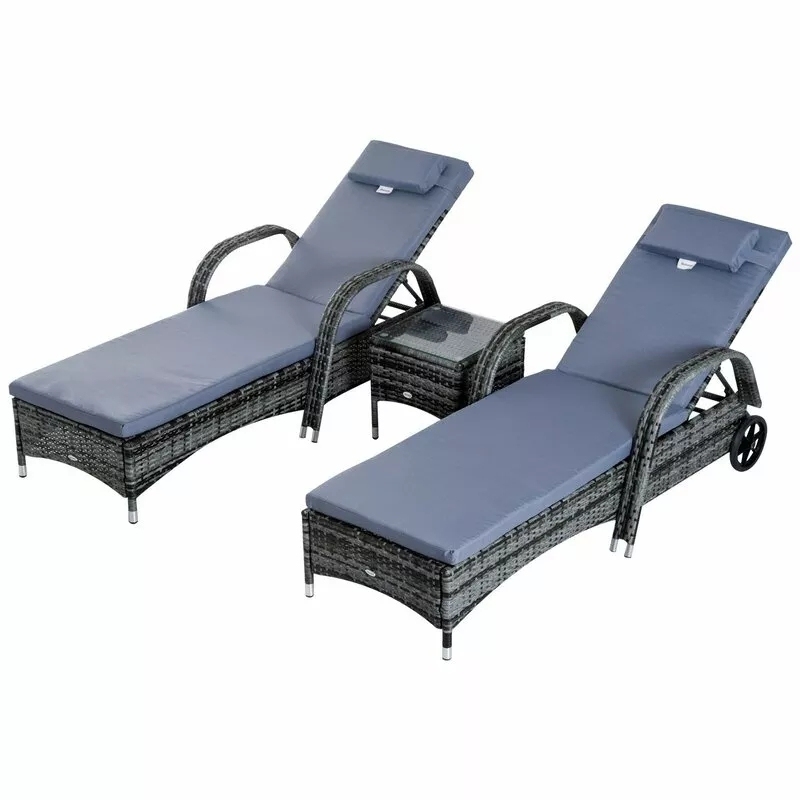 200CM LONG RECLINING SUN LOUNGER SET WITH CUSHIONS AND TABLE