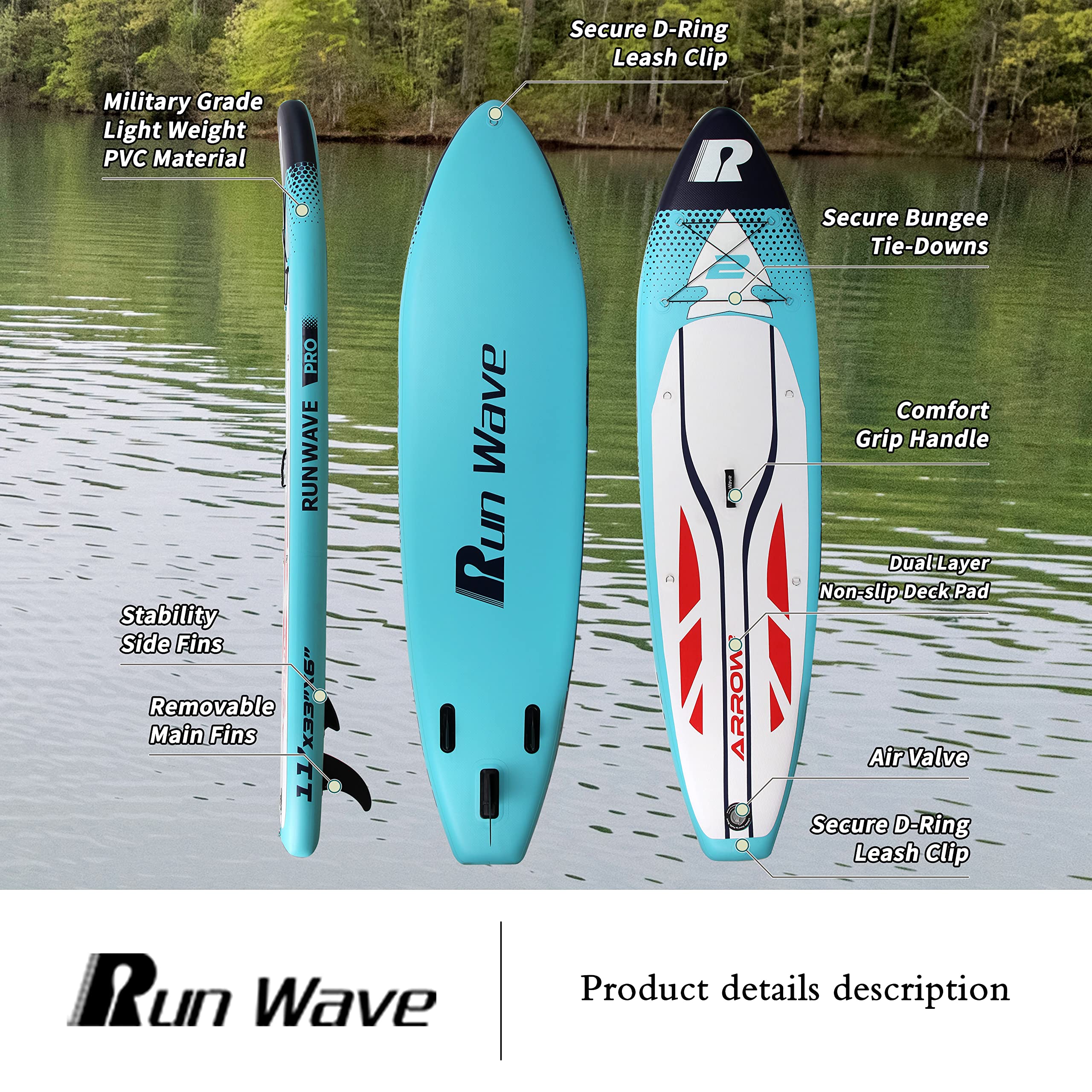 Runwave Inflatable Stand Up Paddle Board 11'×33''×6''(6'' Thick) Non-Slip Deck with Premium SUP Accessories | Wide Stance, Bottom Fins for Surfing Control | Youth Adults Beginner