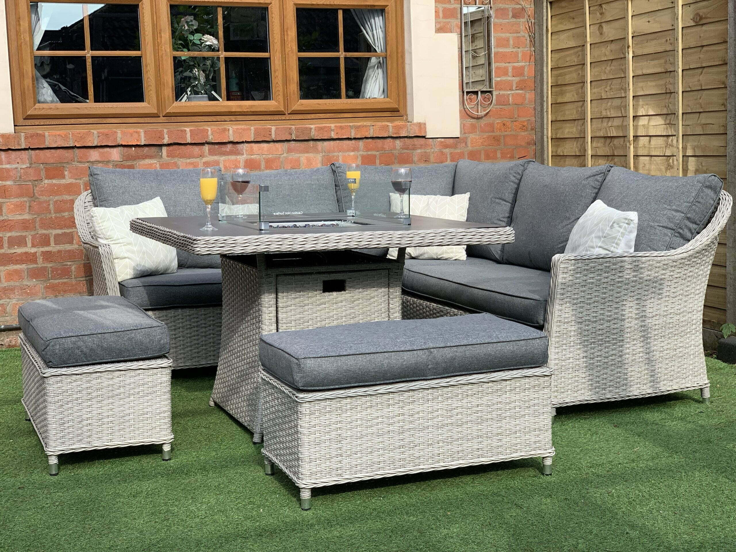 Rattan Corner Firepit Dining Patio Set 8 Seater
