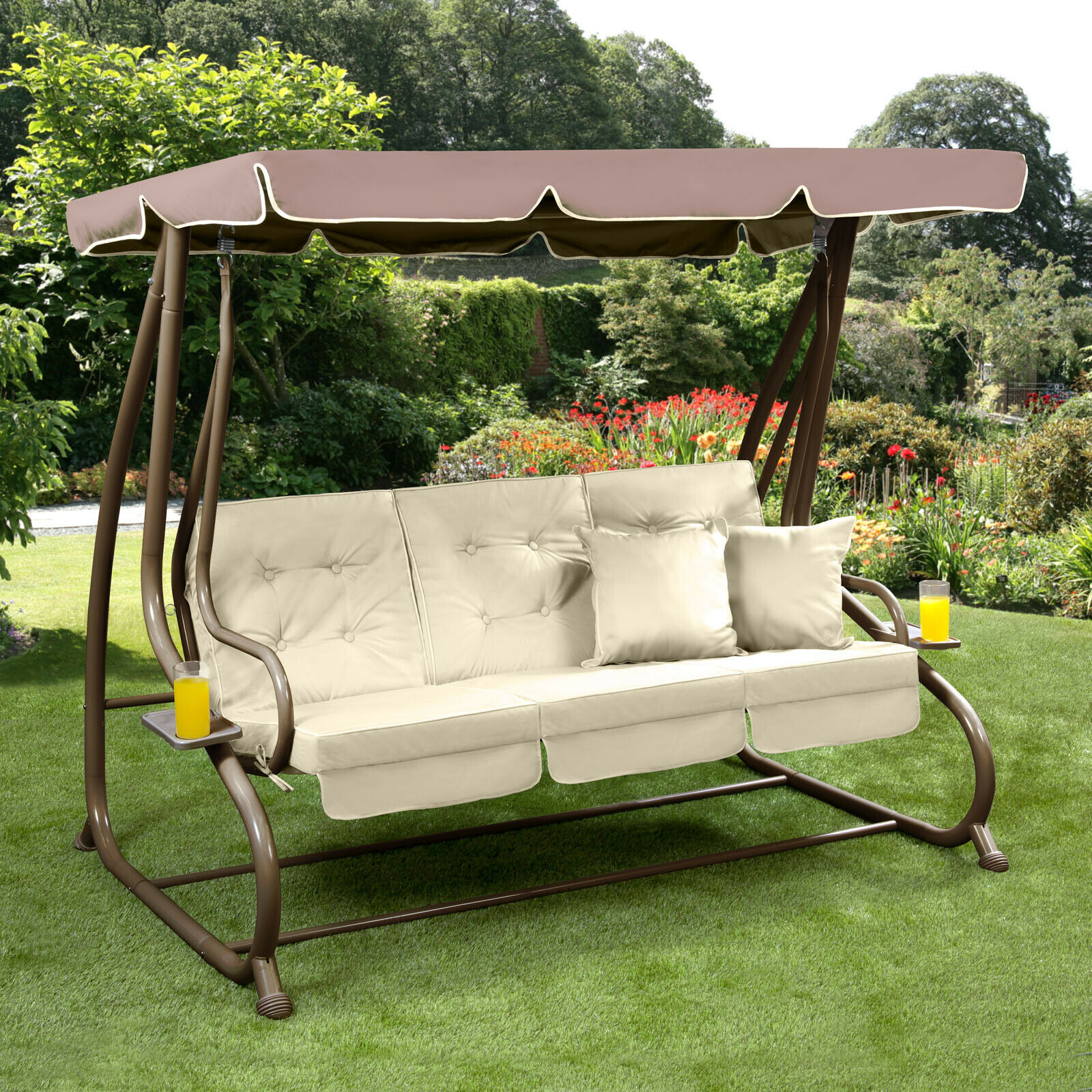 Somerset 3 Seat Swing Hammock Bed Heavy Duty Garden Bench Patio Brown Cream Seat