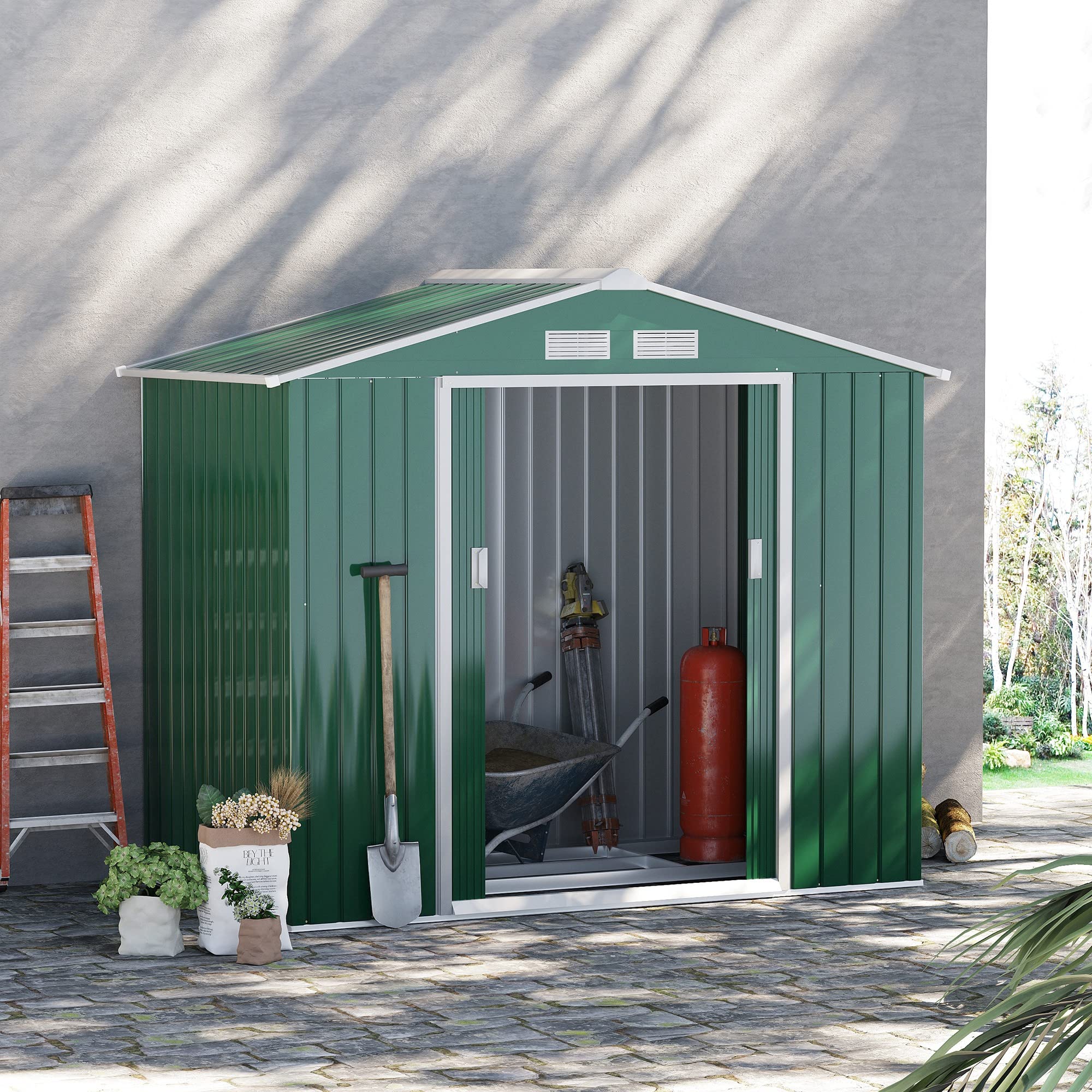 【Storage Shed】7' x 4' x 6' Garden storage shed metal tool shed with floor base and double doors