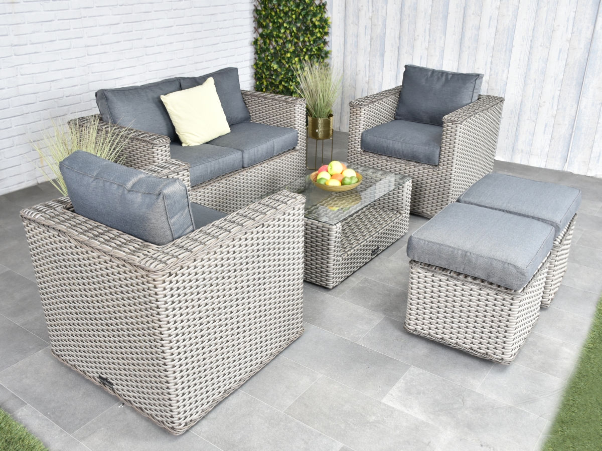 Bahia Sofa Dining Rattan Furniture Set - Whitewash Grey