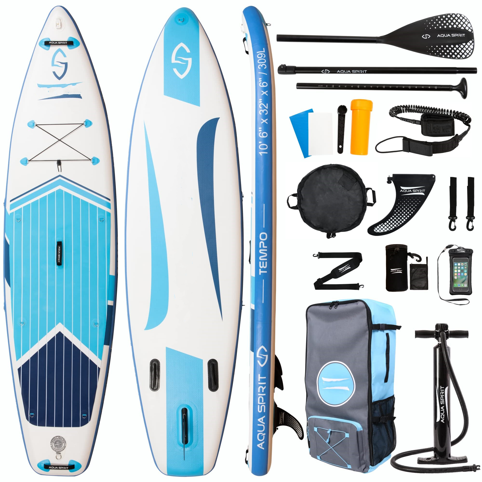 AQUA SPIRIT Inflatable Stand up Paddle Board SUP TEMPO Package | 10’6 x 32” x 6” | Adult Beginners/Experts | 120KG Limit | Paddle, Backpack, Pump, Go Pro Mount, Change Mat, Phone Case