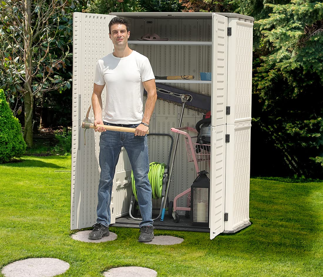 【Storage Shed】Outdoor Storage Shed Waterproof, Resin Vertical Storage Cabinet Double-Layered